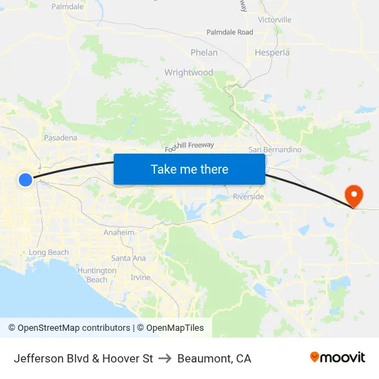 Jefferson Blvd & Hoover St to Beaumont, CA map