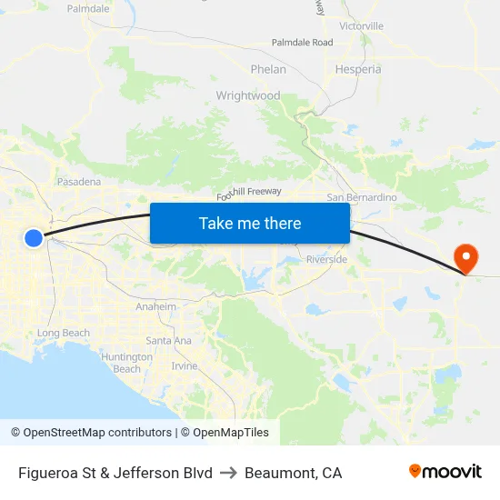 Figueroa St & Jefferson Blvd to Beaumont, CA map