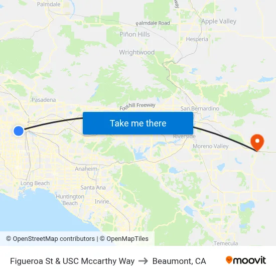 Figueroa St & USC Mccarthy Way to Beaumont, CA map