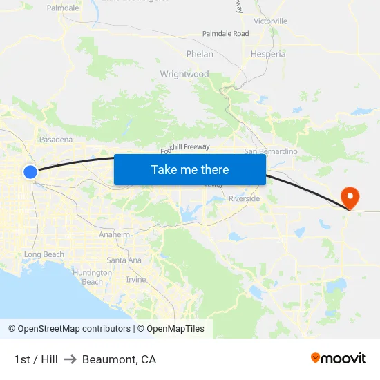 1st / Hill to Beaumont, CA map