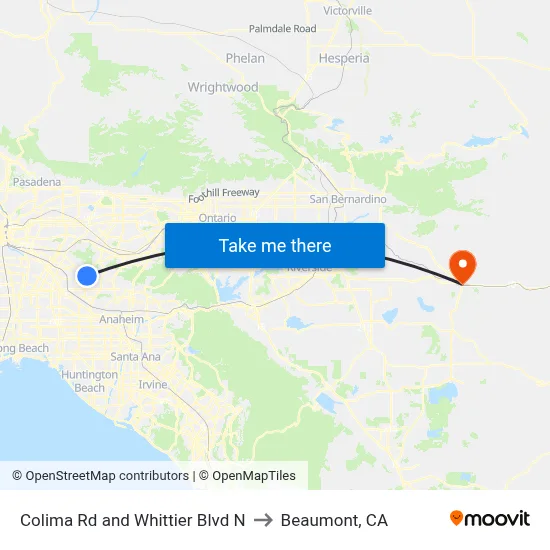 Colima Rd and Whittier Blvd N to Beaumont, CA map
