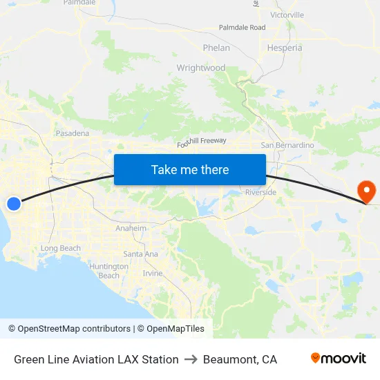 Green Line Aviation LAX Station to Beaumont, CA map
