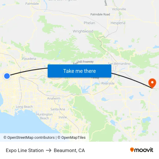 Expo Line Station to Beaumont, CA map