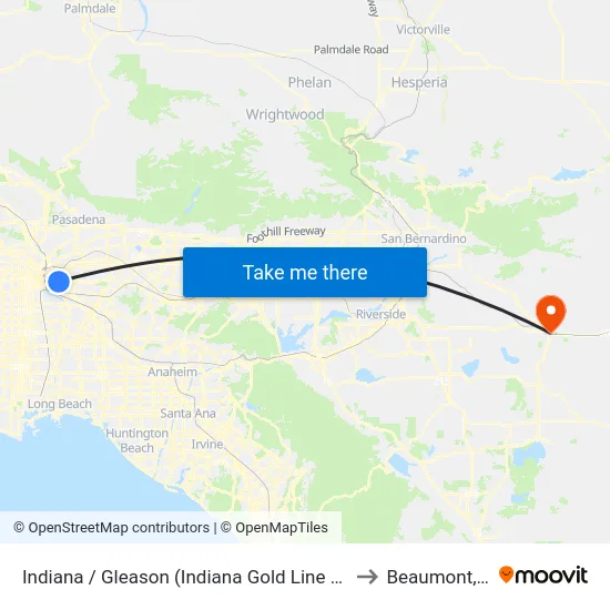 Indiana / Gleason (Indiana Gold Line Station) to Beaumont, CA map