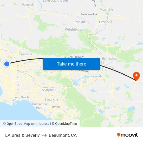 LA Brea & Beverly to Beaumont, CA map