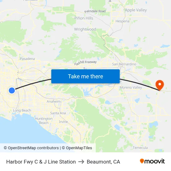 Harbor Fwy C & J Line Station to Beaumont, CA map