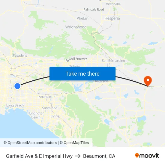 Garfield Ave & E Imperial Hwy to Beaumont, CA map