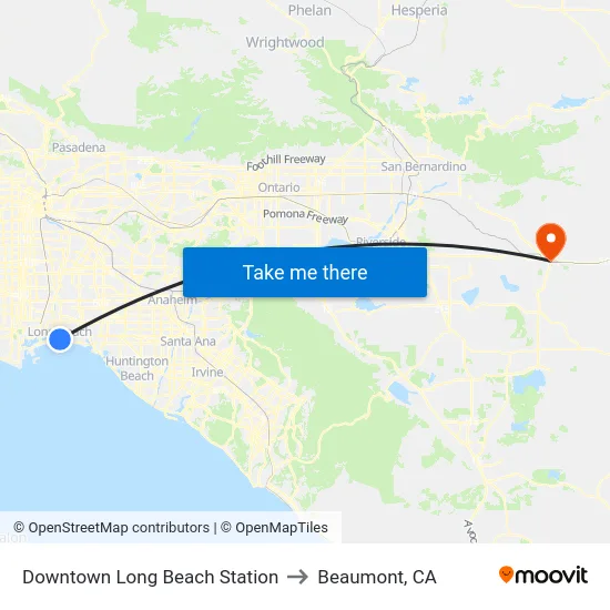 Downtown Long Beach Station to Beaumont, CA map