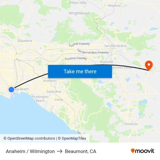 Anaheim / Wilmington to Beaumont, CA map