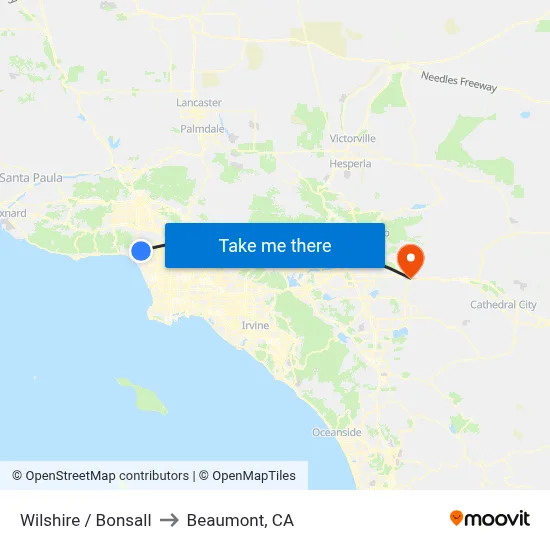 Wilshire / Bonsall to Beaumont, CA map