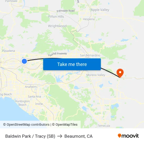 Baldwin Park / Tracy (SB) to Beaumont, CA map