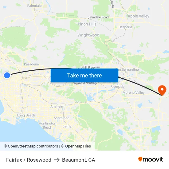 Fairfax / Rosewood to Beaumont, CA map