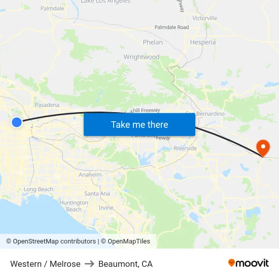 Western / Melrose to Beaumont, CA map