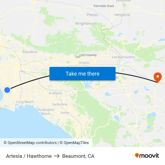 Artesia / Hawthorne to Beaumont, CA map