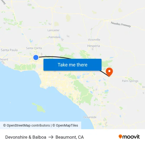 Devonshire & Balboa to Beaumont, CA map