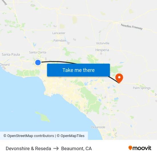 Devonshire & Reseda to Beaumont, CA map
