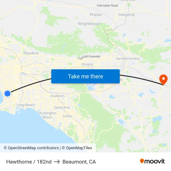 Hawthorne / 182nd to Beaumont, CA map