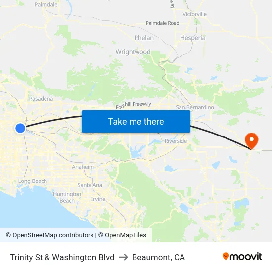 Trinity St & Washington Blvd to Beaumont, CA map