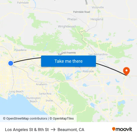 Los Angeles St & 8th St to Beaumont, CA map