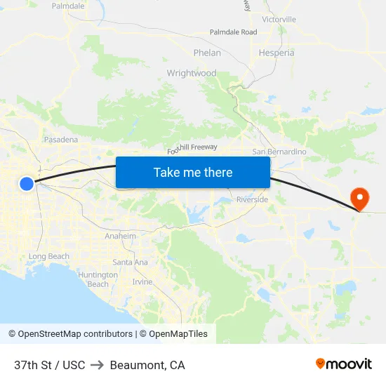 37th St / USC to Beaumont, CA map