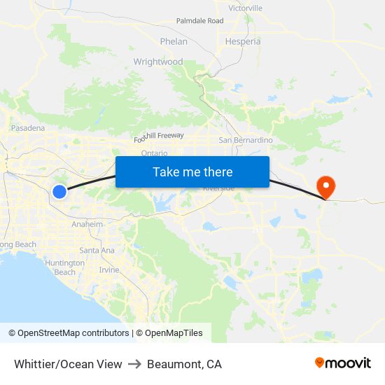 Whittier/Ocean View to Beaumont, CA map