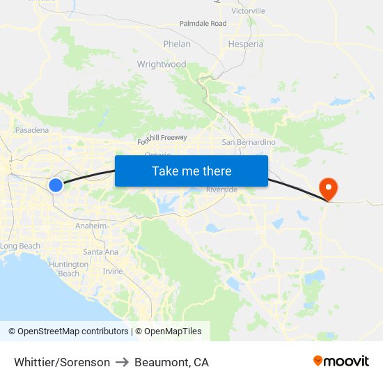 Whittier/Sorenson to Beaumont, CA map