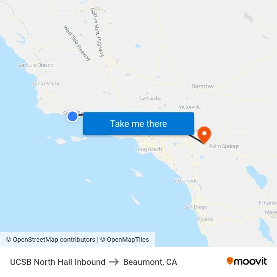 UCSB North Hall Inbound to Beaumont, CA map