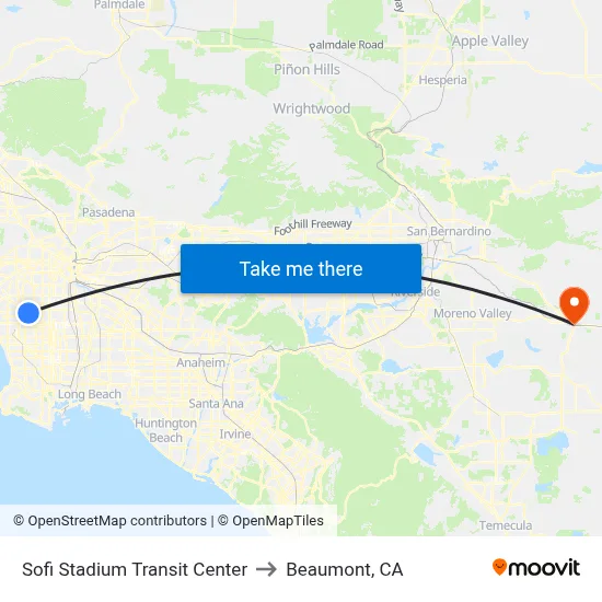 Sofi Stadium Transit Center to Beaumont, CA map