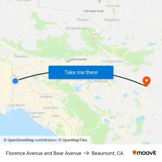Florence Avenue and Bear Avenue to Beaumont, CA map