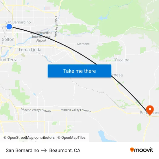 San Bernardino to Beaumont, CA map