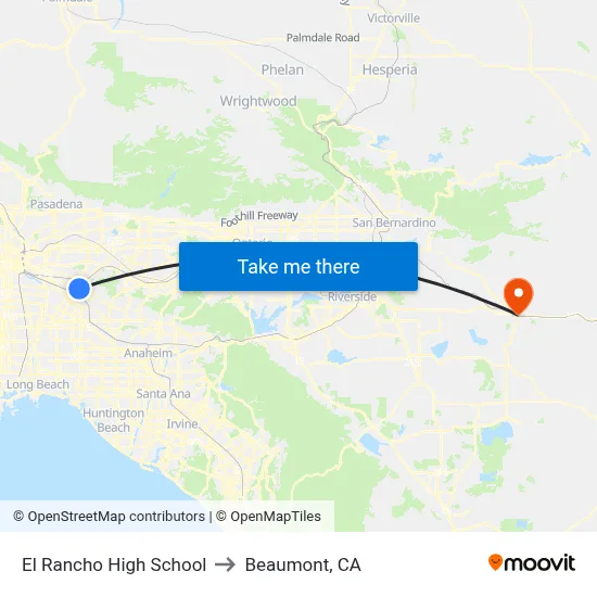 El Rancho High School to Beaumont, CA map