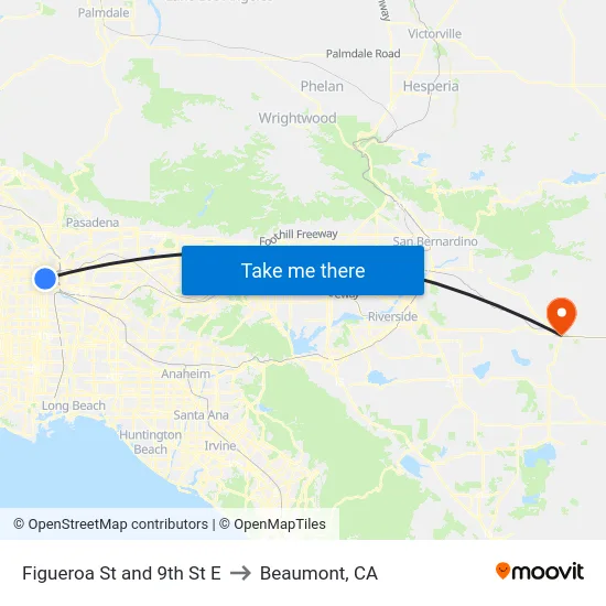 Figueroa St and 9th St E to Beaumont, CA map
