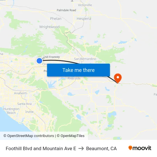 Foothill Blvd and Mountain Ave E to Beaumont, CA map