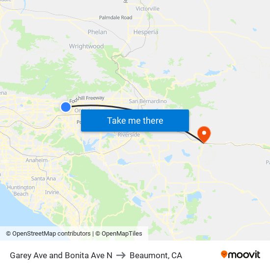 Garey Ave and Bonita Ave N to Beaumont, CA map