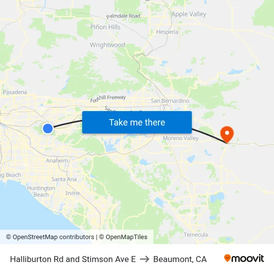 Halliburton Rd and Stimson Ave E to Beaumont, CA map