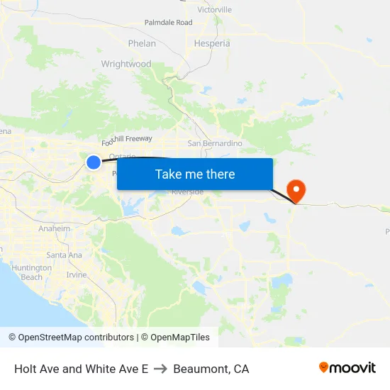 Holt Ave and White Ave E to Beaumont, CA map