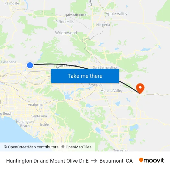 Huntington Dr and Mount Olive Dr E to Beaumont, CA map