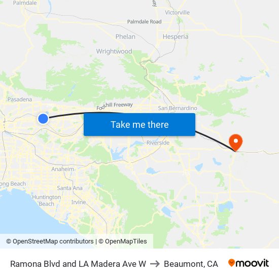 Ramona Blvd and LA Madera Ave W to Beaumont, CA map