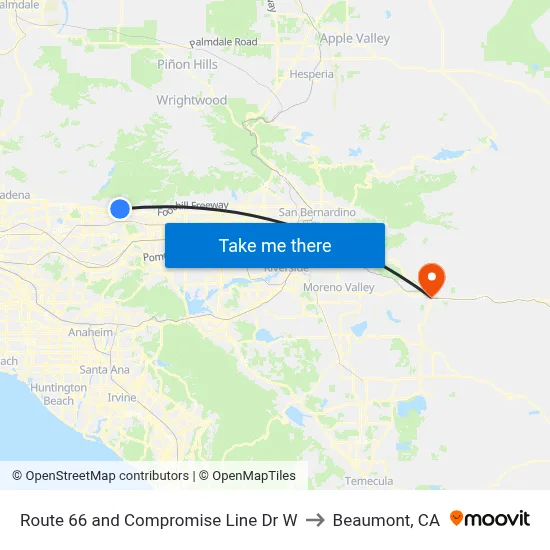 Route 66 and Compromise Line Dr W to Beaumont, CA map