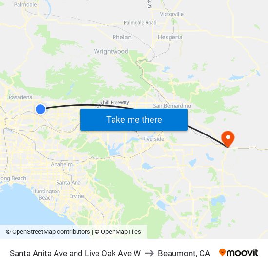 Santa Anita Ave and Live Oak Ave W to Beaumont, CA map