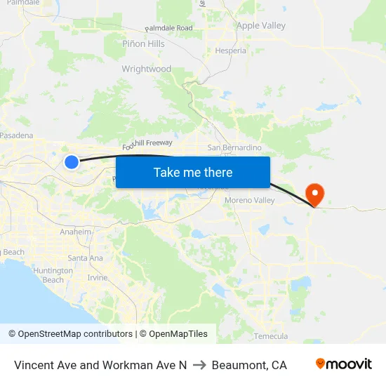 Vincent Ave and Workman Ave N to Beaumont, CA map