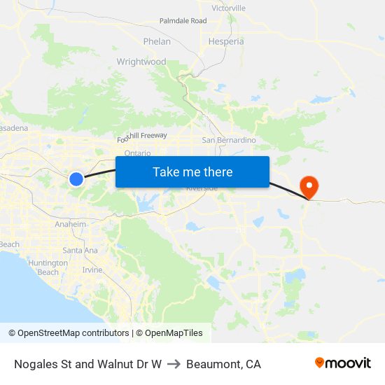 Nogales St and Walnut Dr W to Beaumont, CA map