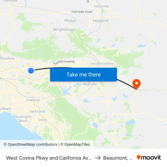 West Covina Pkwy and California Ave W to Beaumont, CA map
