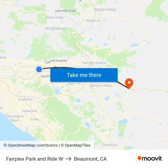 Fairplex Park and Ride W to Beaumont, CA map