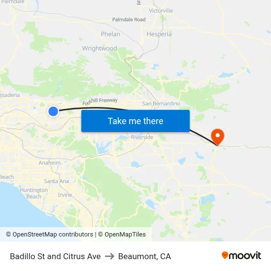 Badillo St and Citrus Ave to Beaumont, CA map