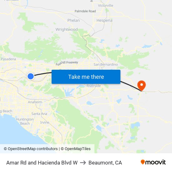 Amar Rd and Hacienda Blvd W to Beaumont, CA map