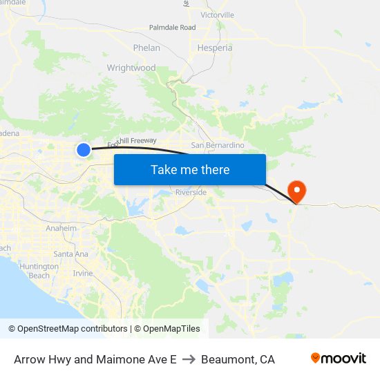 Arrow Hwy and Maimone Ave E to Beaumont, CA map