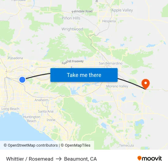Whittier / Rosemead to Beaumont, CA map
