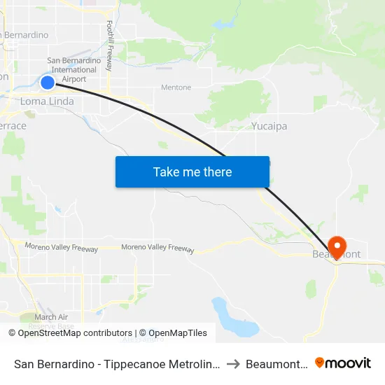 San Bernardino - Tippecanoe Metrolink Station to Beaumont, CA map