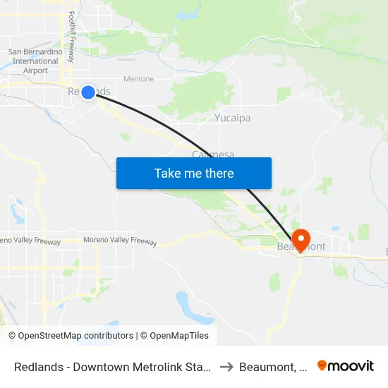 Redlands - Downtown Metrolink Station to Beaumont, CA map
